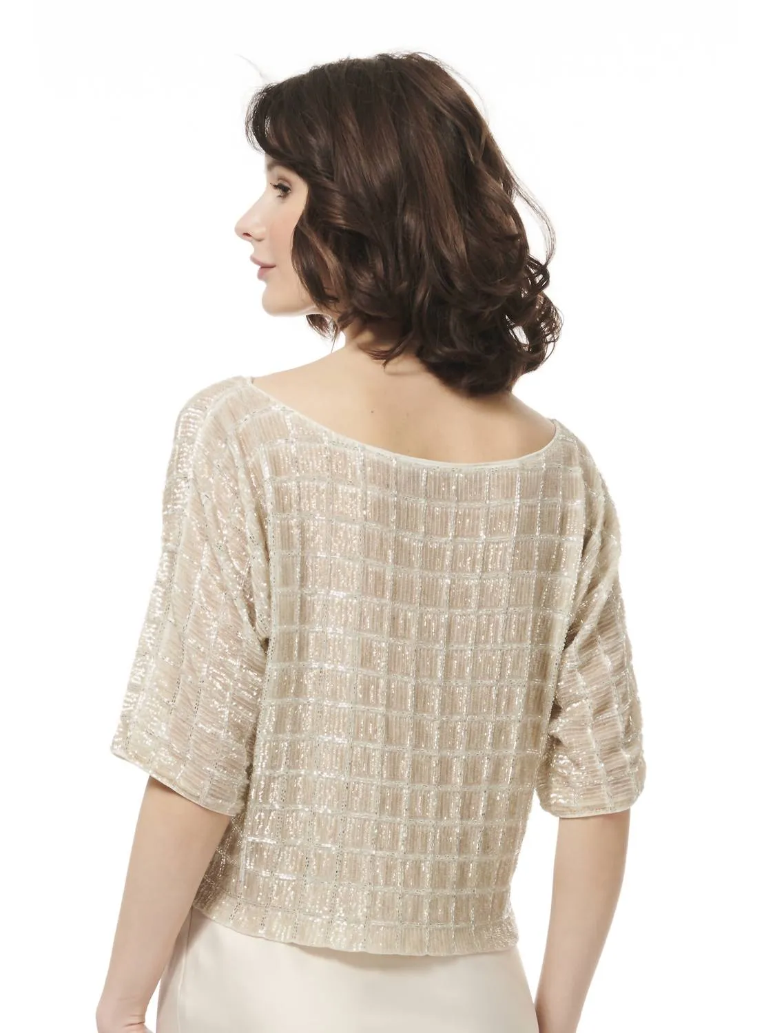 Grid Sequin Top In Ivory Silver