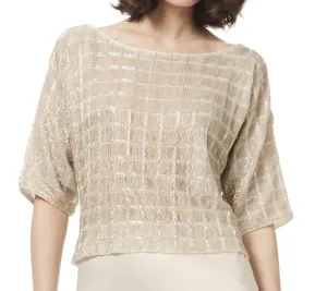 Grid Sequin Top In Ivory Silver
