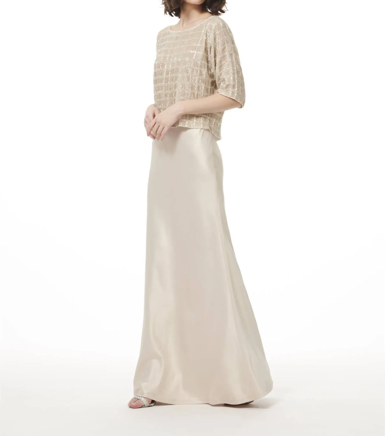 Grid Sequin Top In Ivory Silver