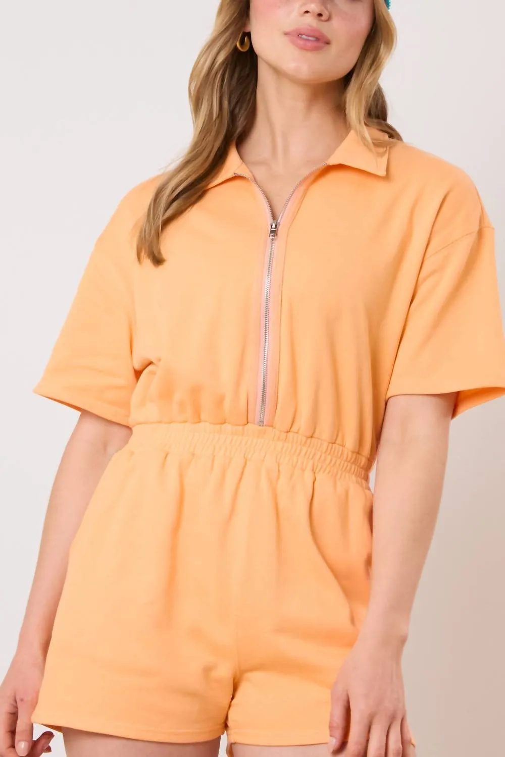 Half Zipper Short Sleeve Romper In Light Orange