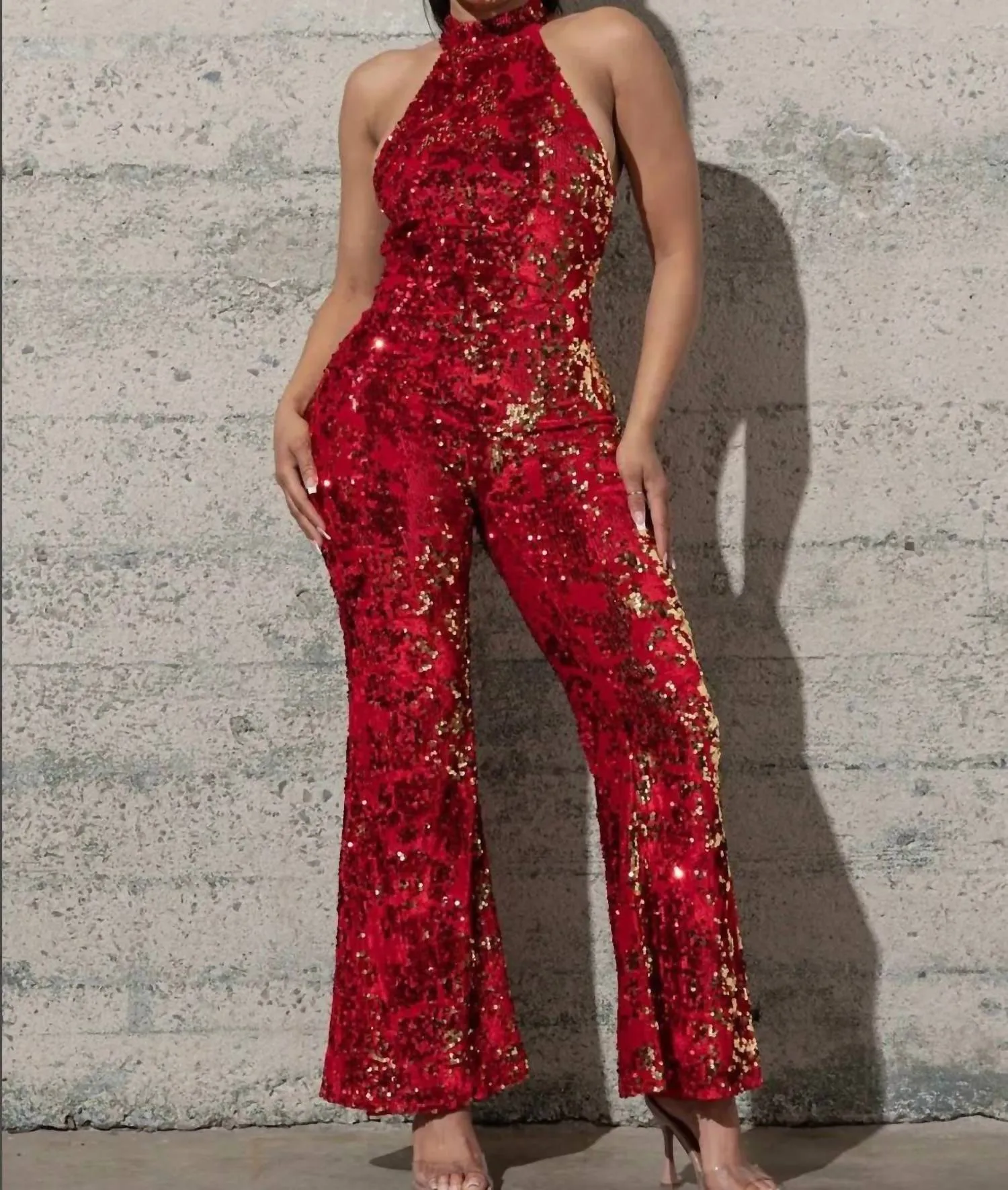 Hot Chick Sequined Jumpsuit In Red