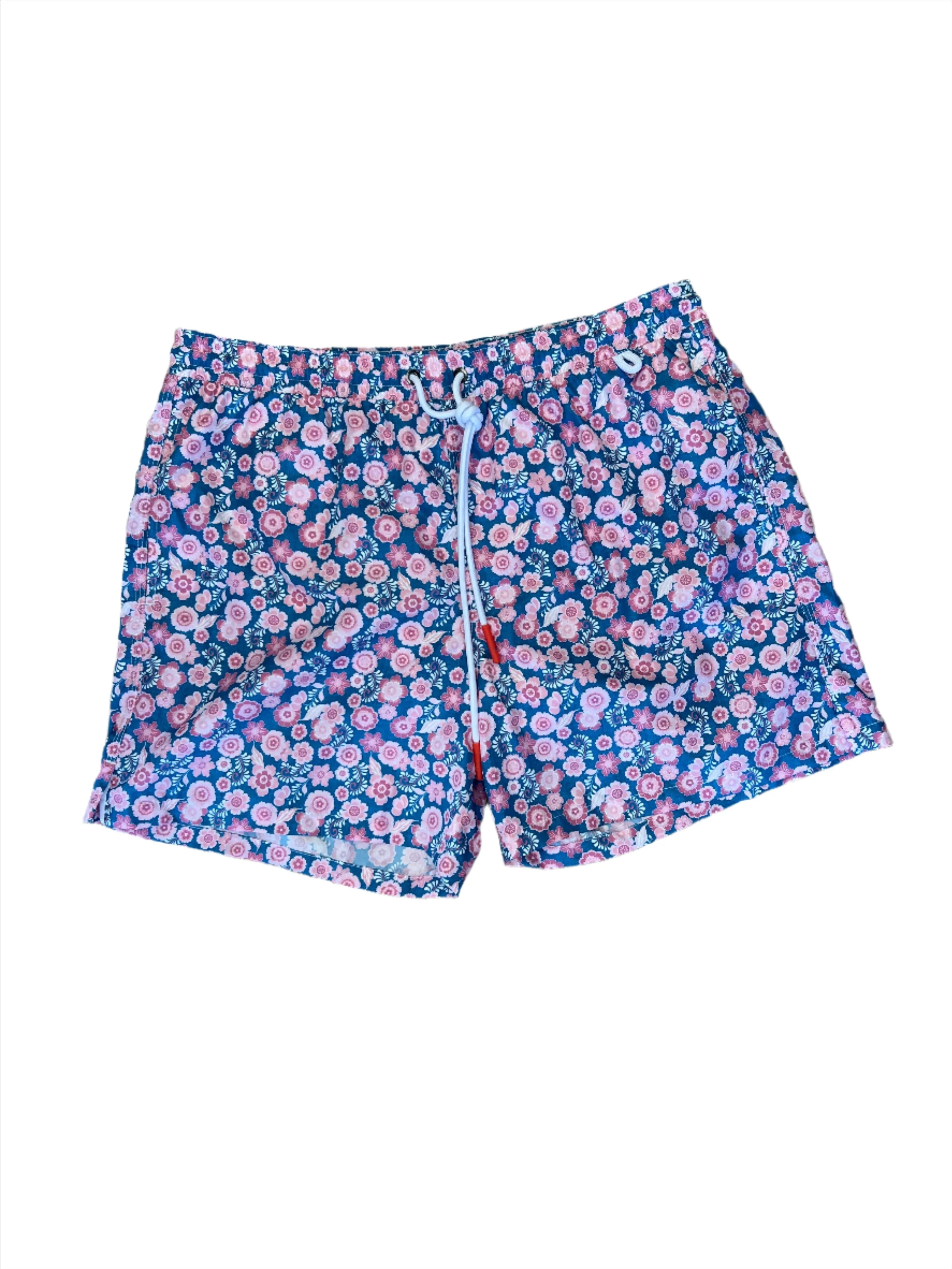 Isaia Mens Blue Pink Floral Patterned Swim Trunk