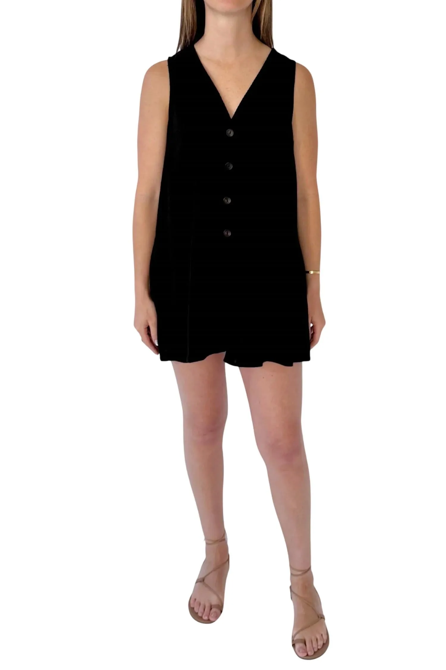 Linen Blend Button Down Romper In Black