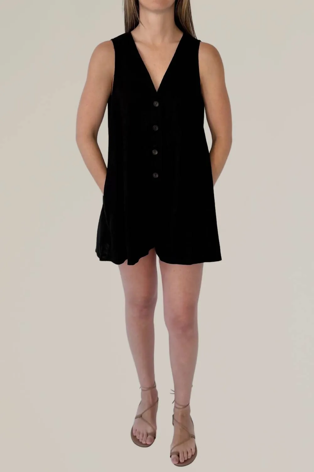Linen Blend Button Down Romper In Black