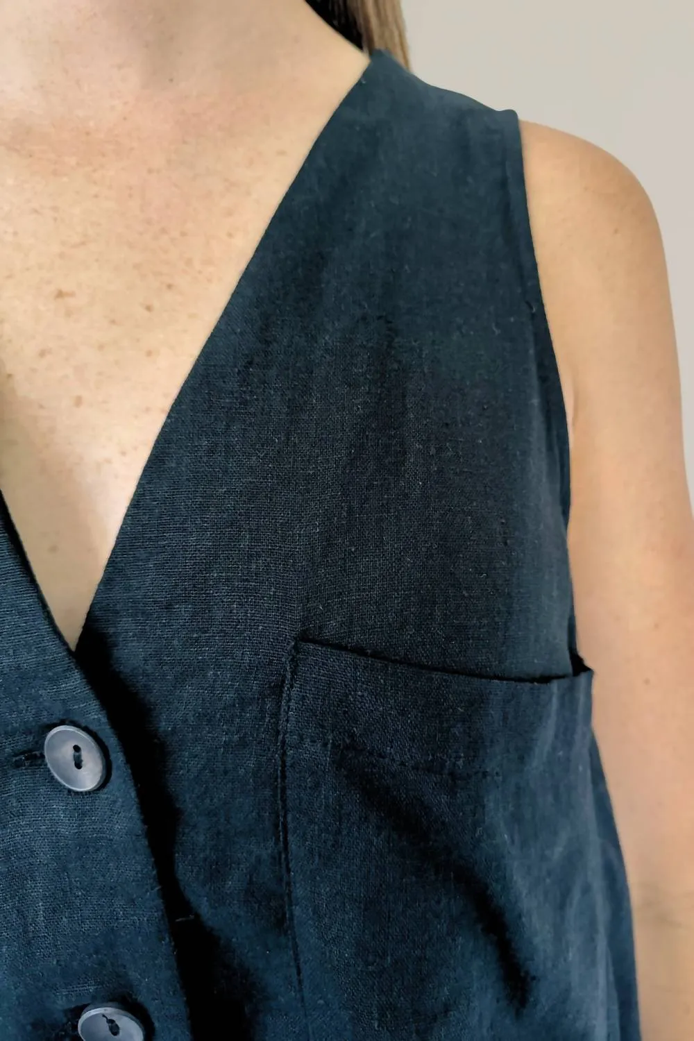 Linen Blend Button Down Romper In Black
