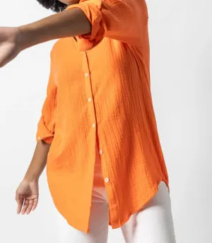Long Sleeve Button Down Tunic In Tangelo