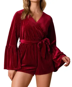 Long Sleeve Velvet Romper In Burgundy