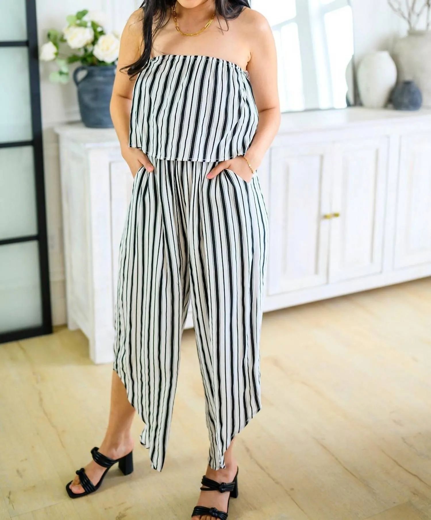 Modern Stripes Sleeveless Jumpsuit In Navy/white