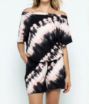 Off The Shoulder Tie Dye Pocket Romper In Pink
