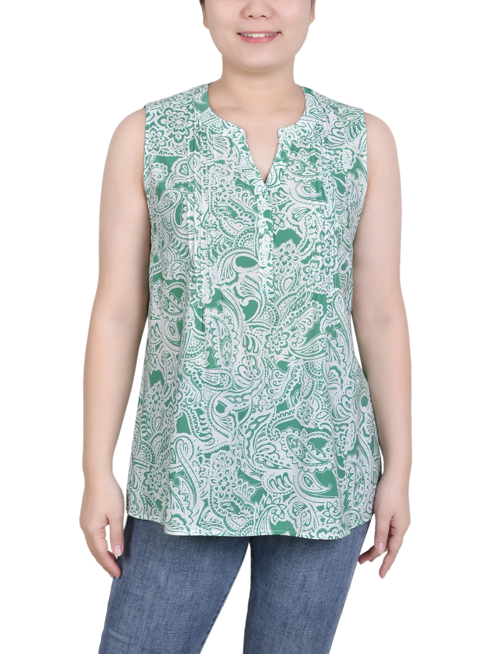 Petite Sleeveless Pintucked Blouse