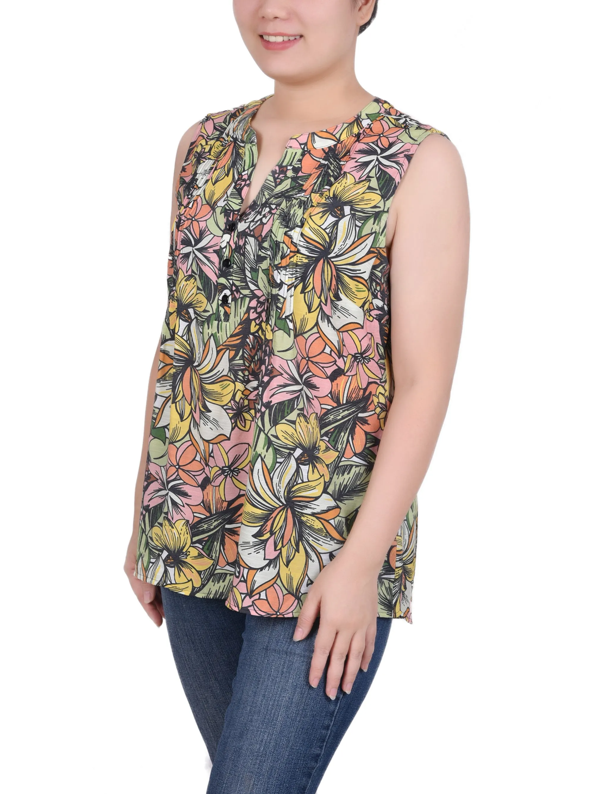 Petite Sleeveless Pintucked Blouse