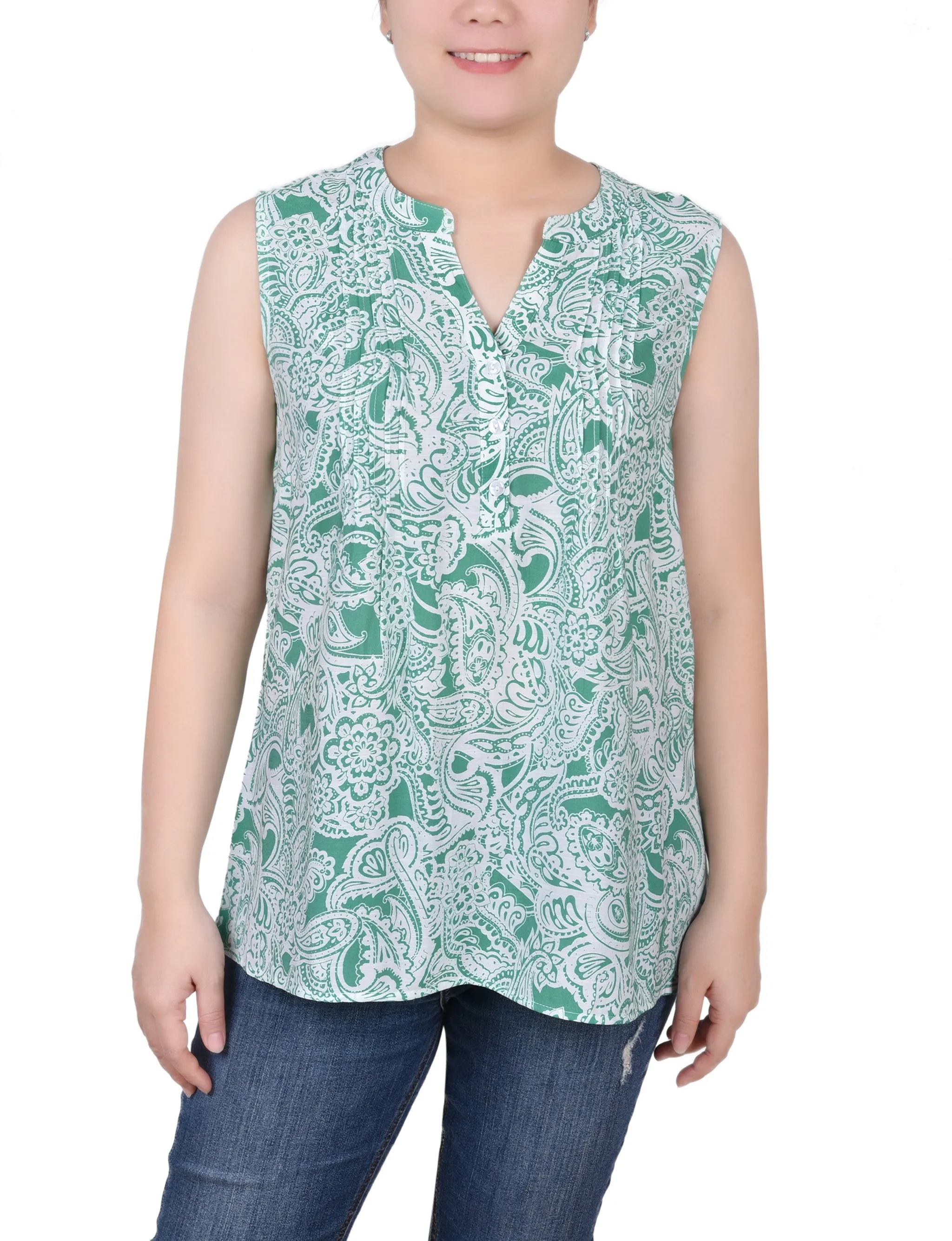 Petite Sleeveless Pintucked Blouse
