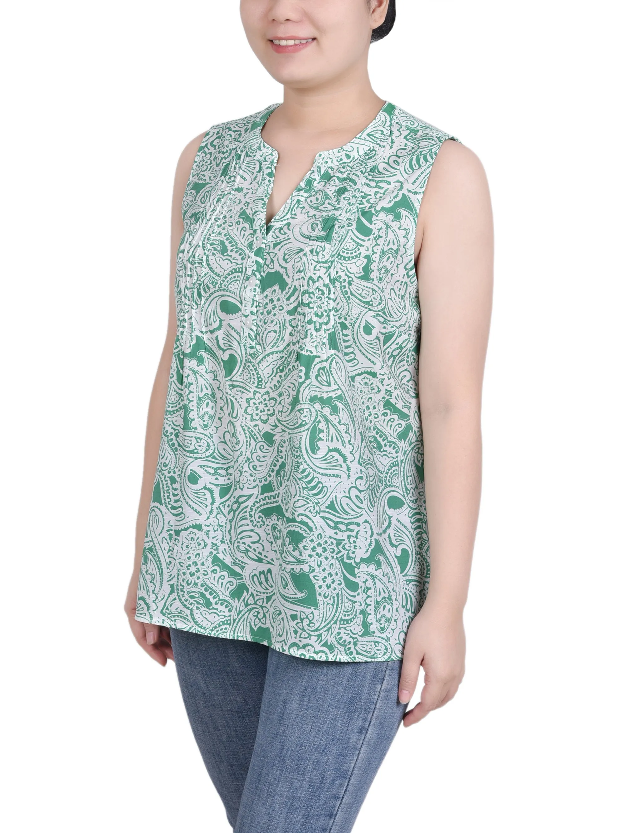 Petite Sleeveless Pintucked Blouse