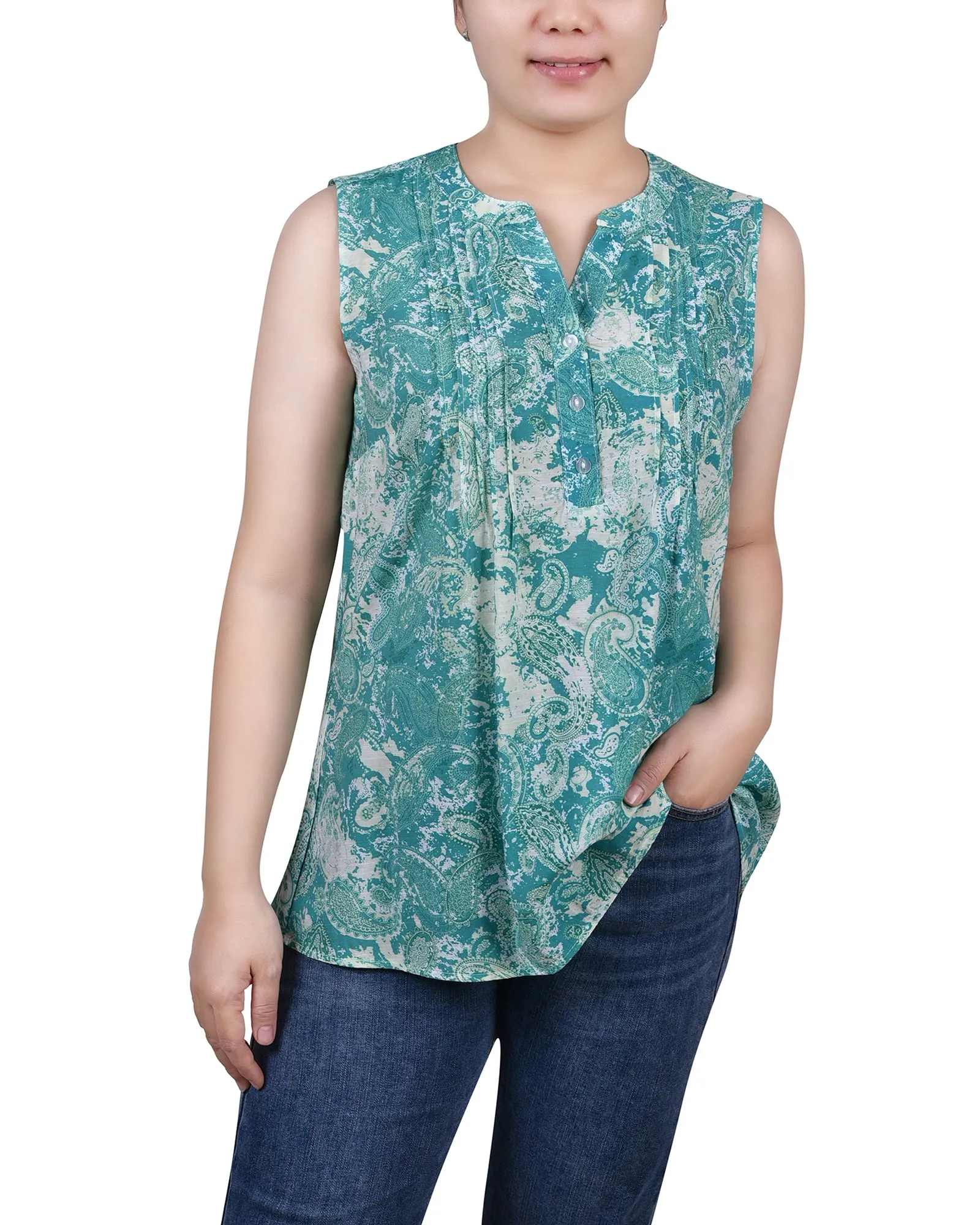 Petite Sleeveless Pintucked Blouse