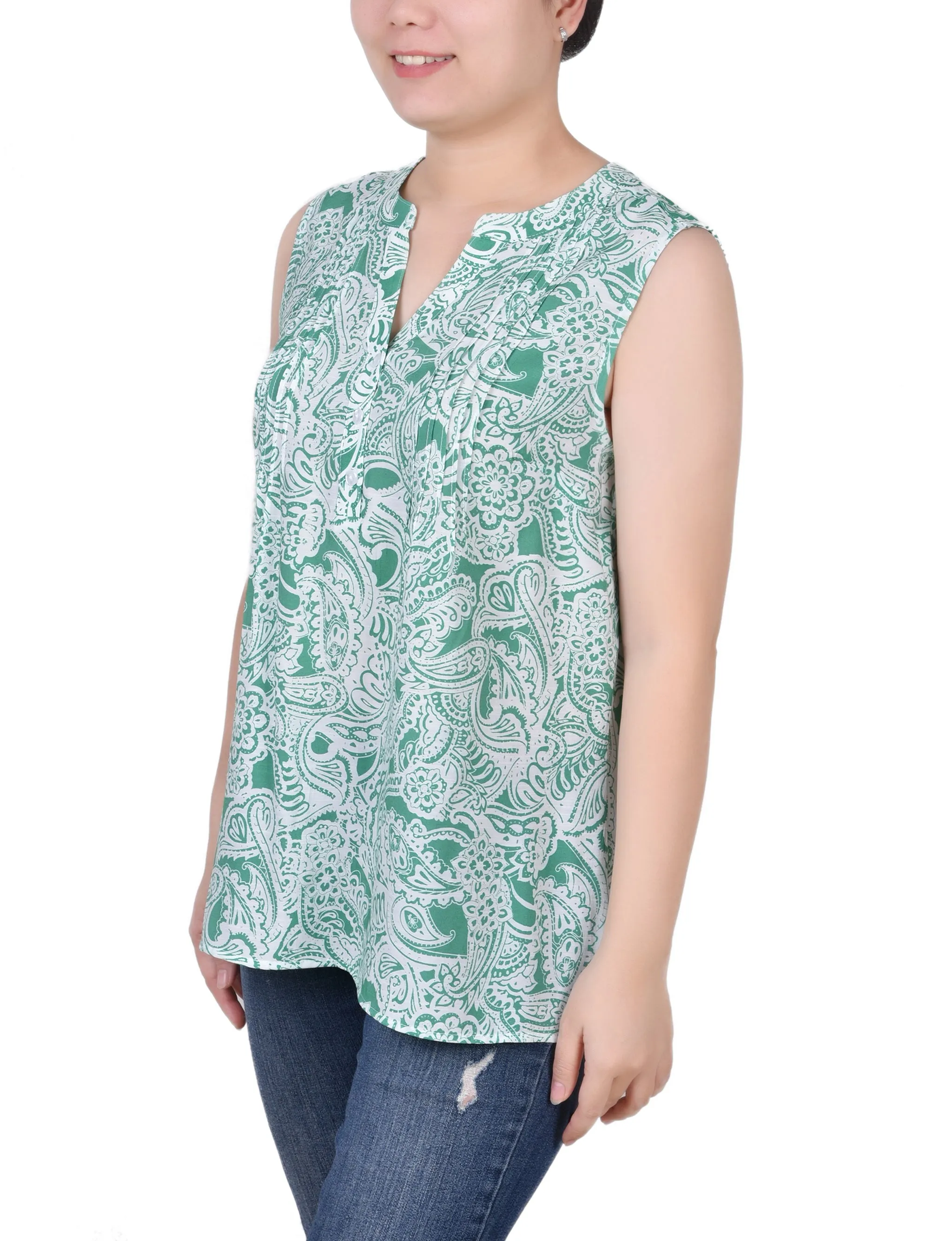 Petite Sleeveless Pintucked Blouse
