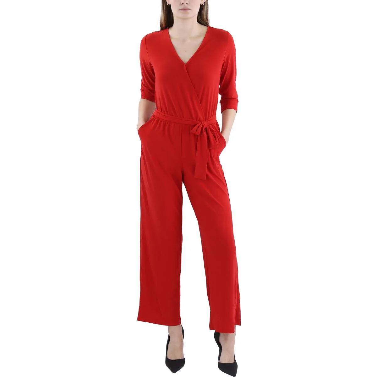 Petites Womens Belted Light Jumpsuit
