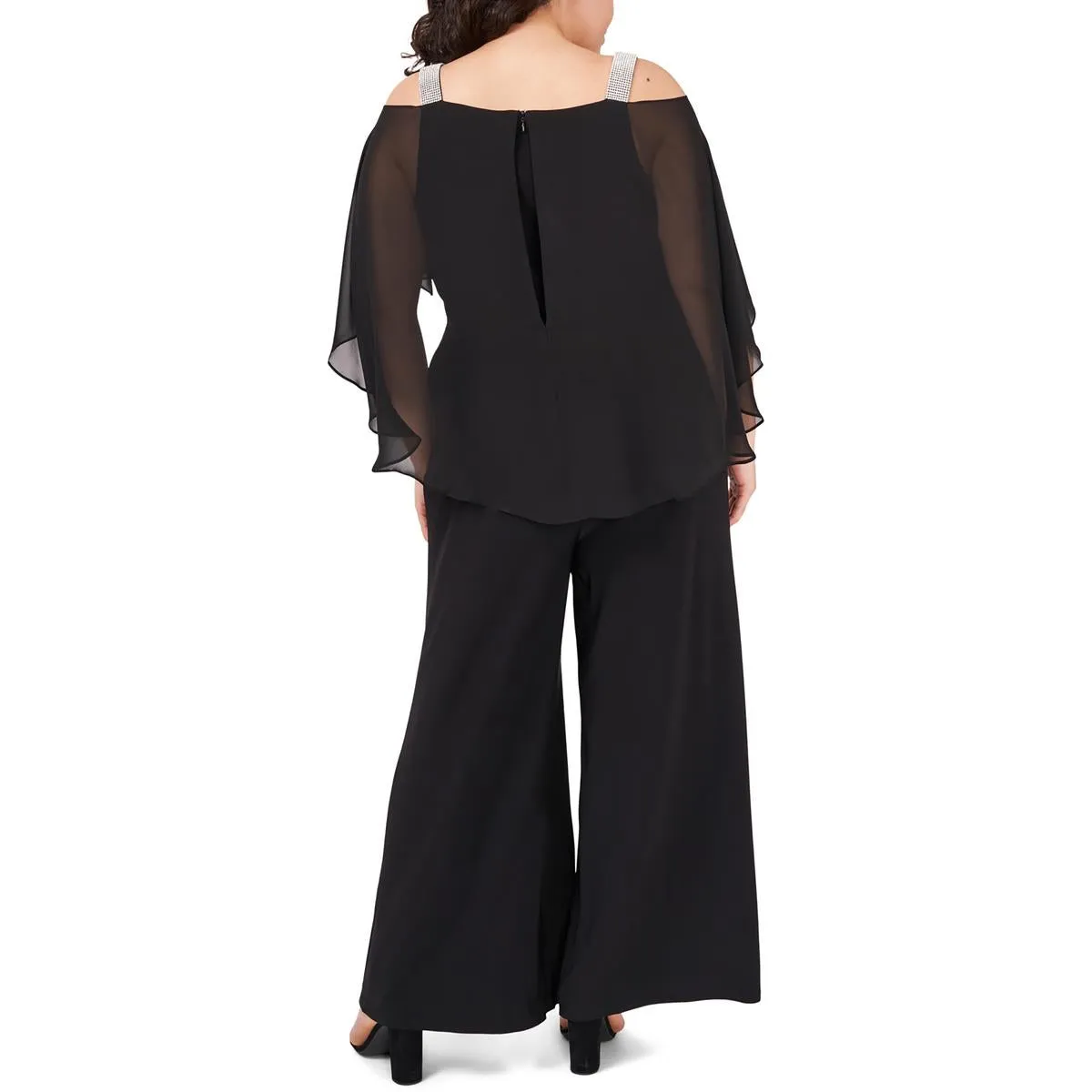 Plus Womens Sheer Overlay Rhinestones Jumpsuit