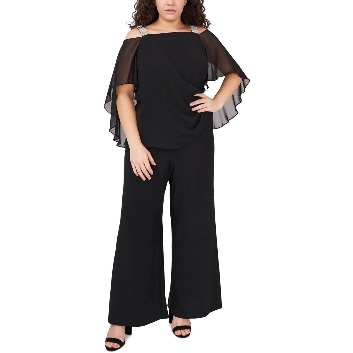 Plus Womens Sheer Overlay Rhinestones Jumpsuit