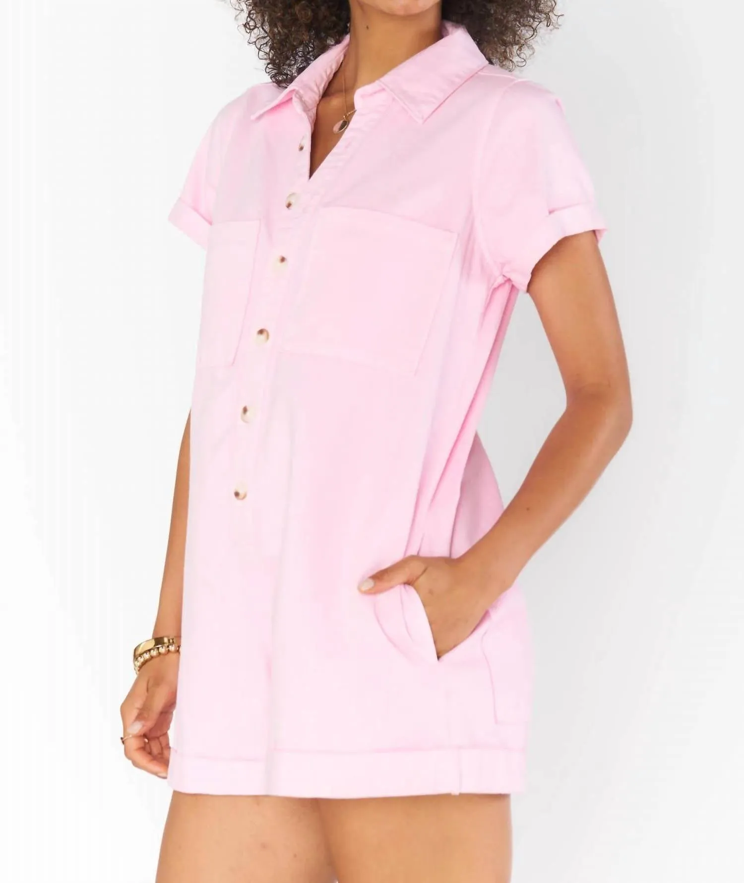 Range Denim Romper In Candy Pink