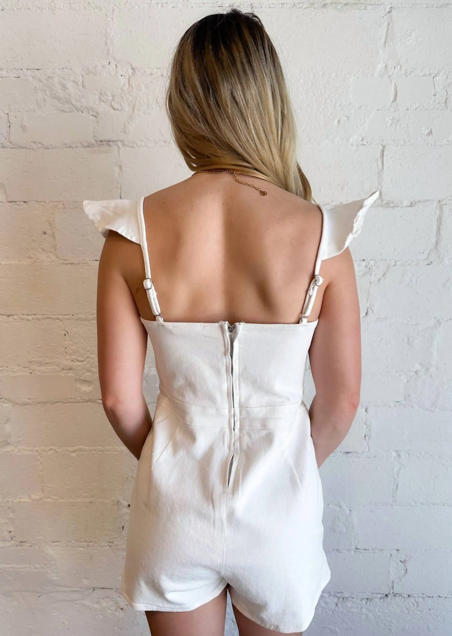 Ruffle Sleeves Denim Romper In White