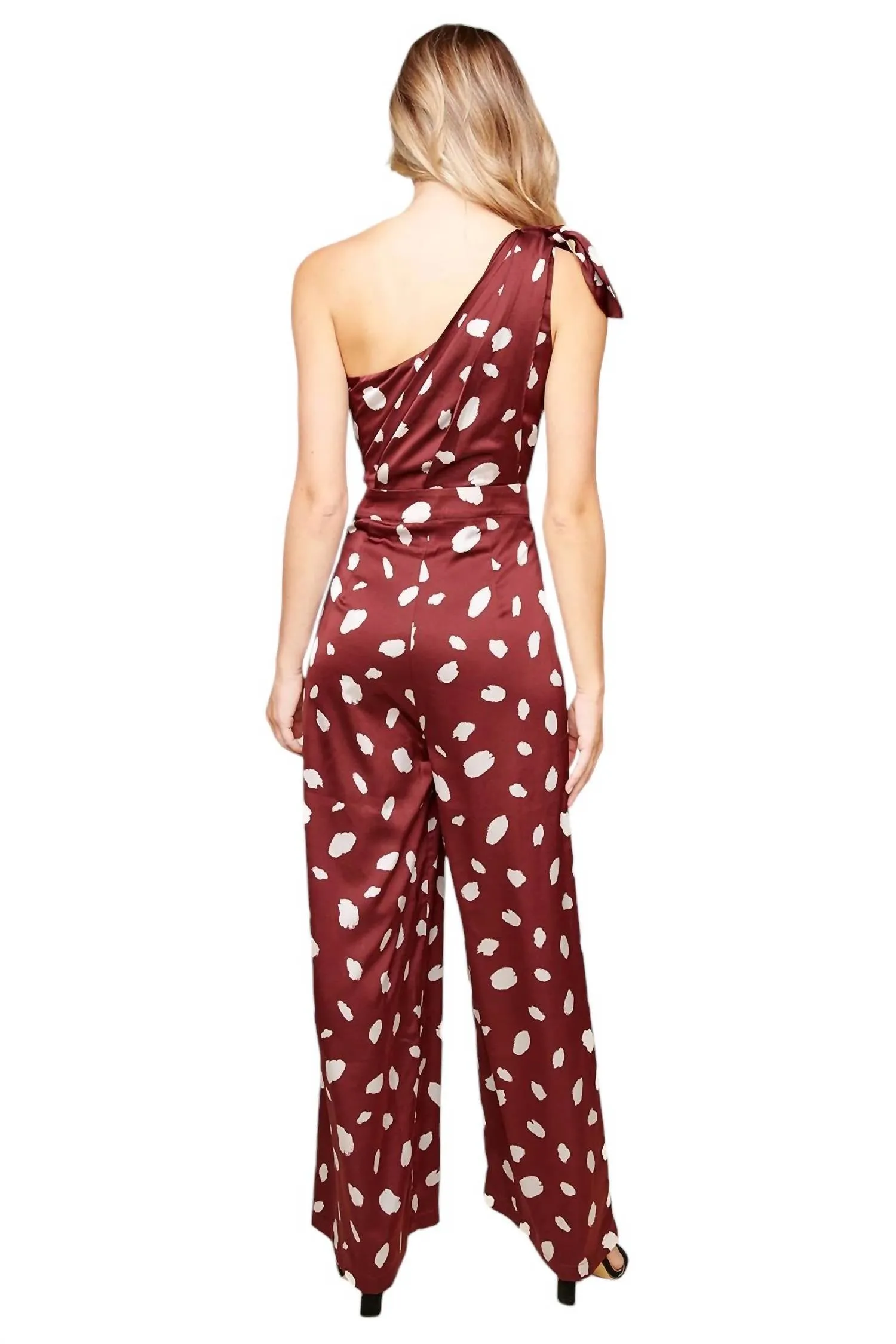 Sabine Abstract Dot Satin One Shoulder Jumpsuit In Burgundy-White