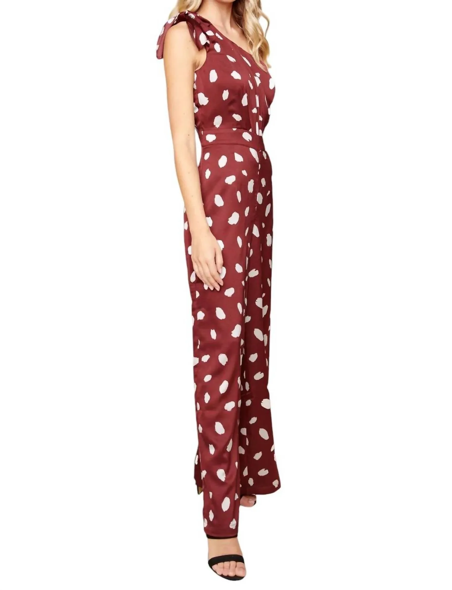 Sabine Abstract Dot Satin One Shoulder Jumpsuit In Burgundy-White