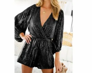 Sequin Surplice Long Sleeve Romper In Black