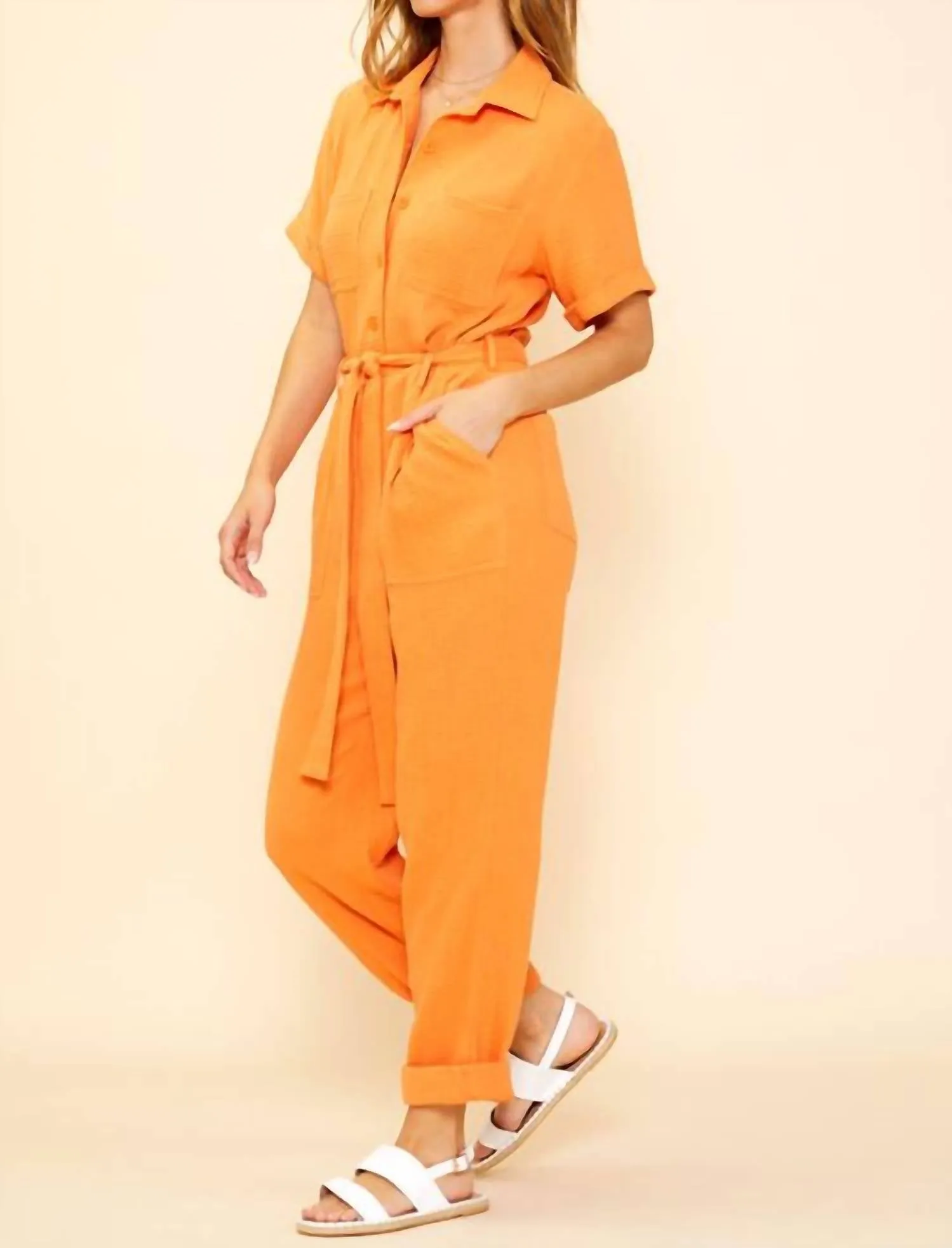 Short Sleeve Jumpsuit In Sunkissed Orange