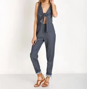 Silk Cotton Cut-Out Sleeveless Jumpsuit In Navy