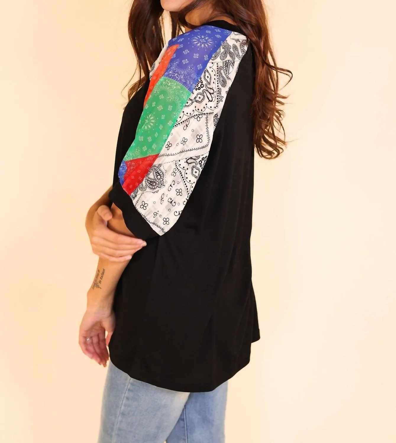 Slice And Dice Top With Black Body And Patchwork Sleeves In Multi