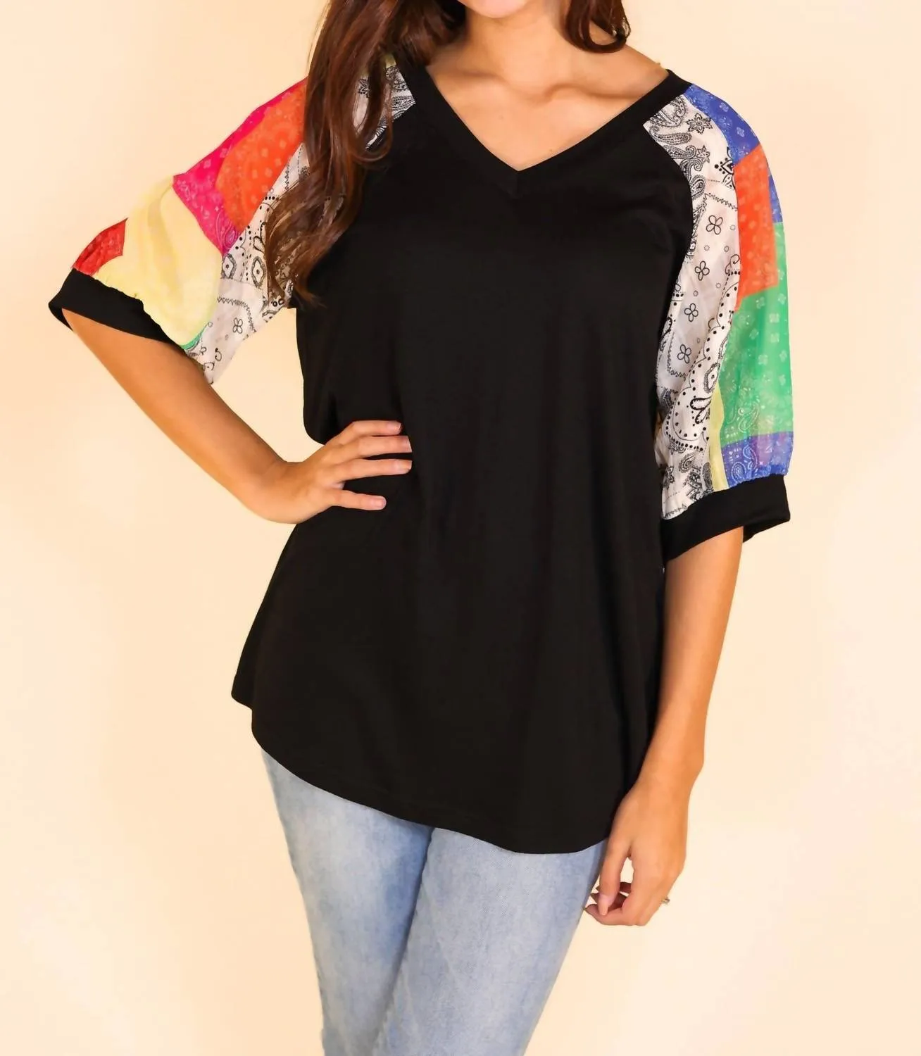 Slice And Dice Top With Black Body And Patchwork Sleeves In Multi