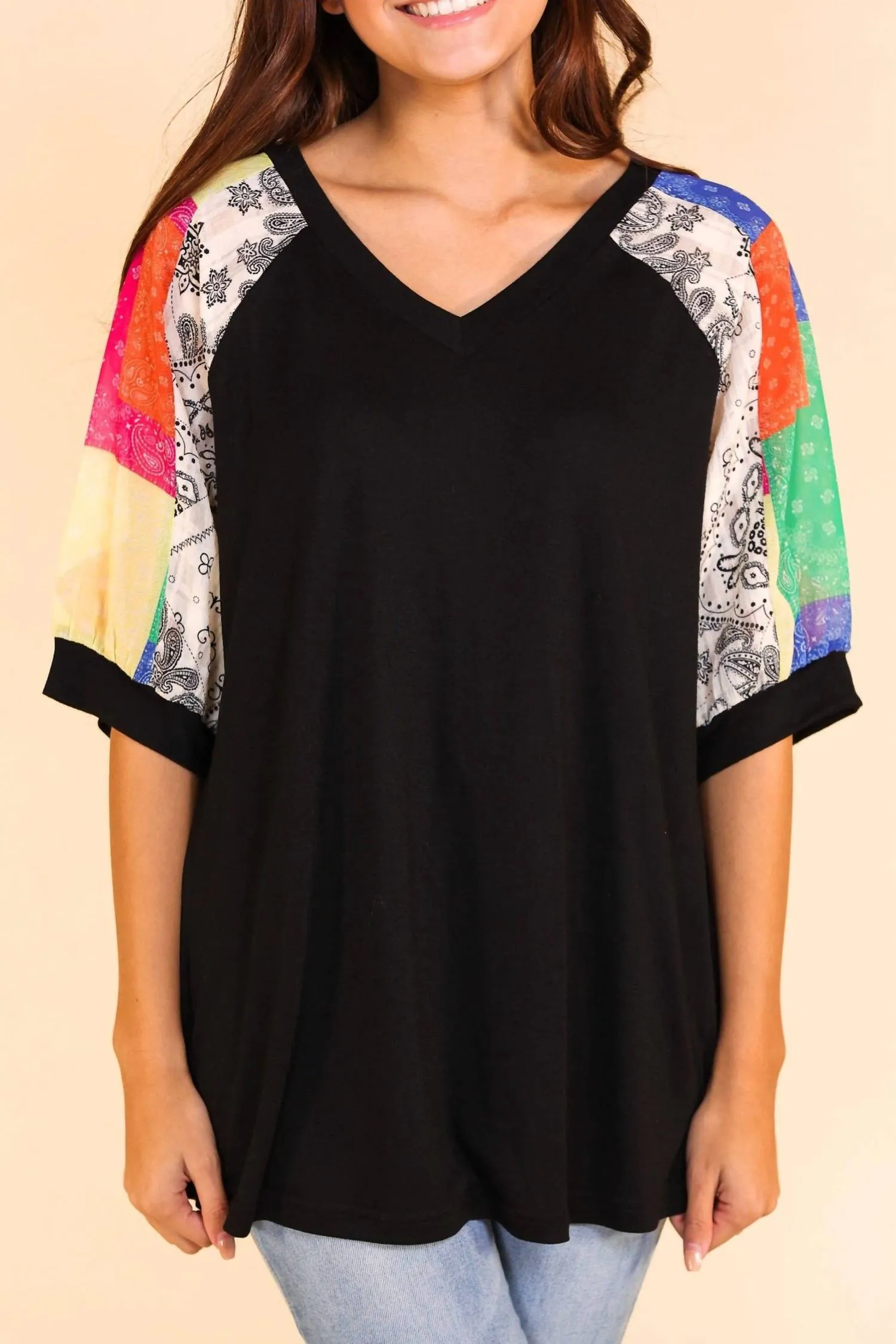 Slice And Dice Top With Black Body And Patchwork Sleeves In Multi