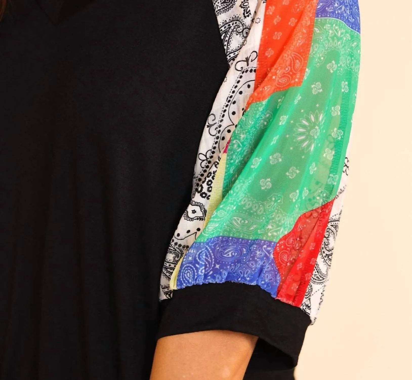 Slice And Dice Top With Black Body And Patchwork Sleeves In Multi