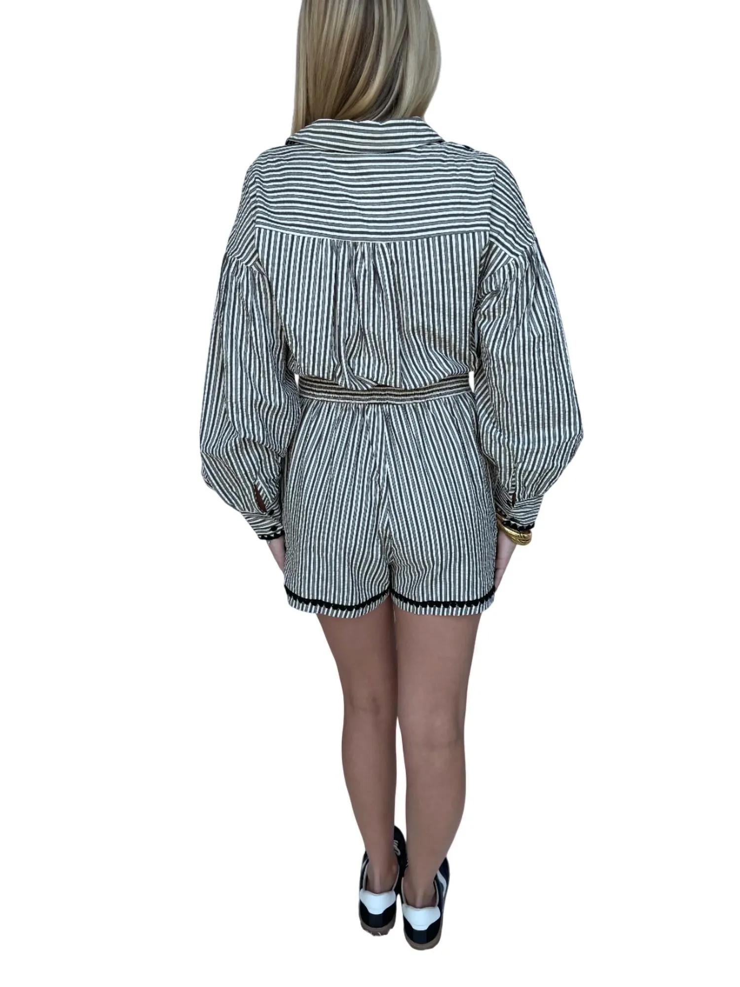 Stripe Collared Neck Romper In Black/white