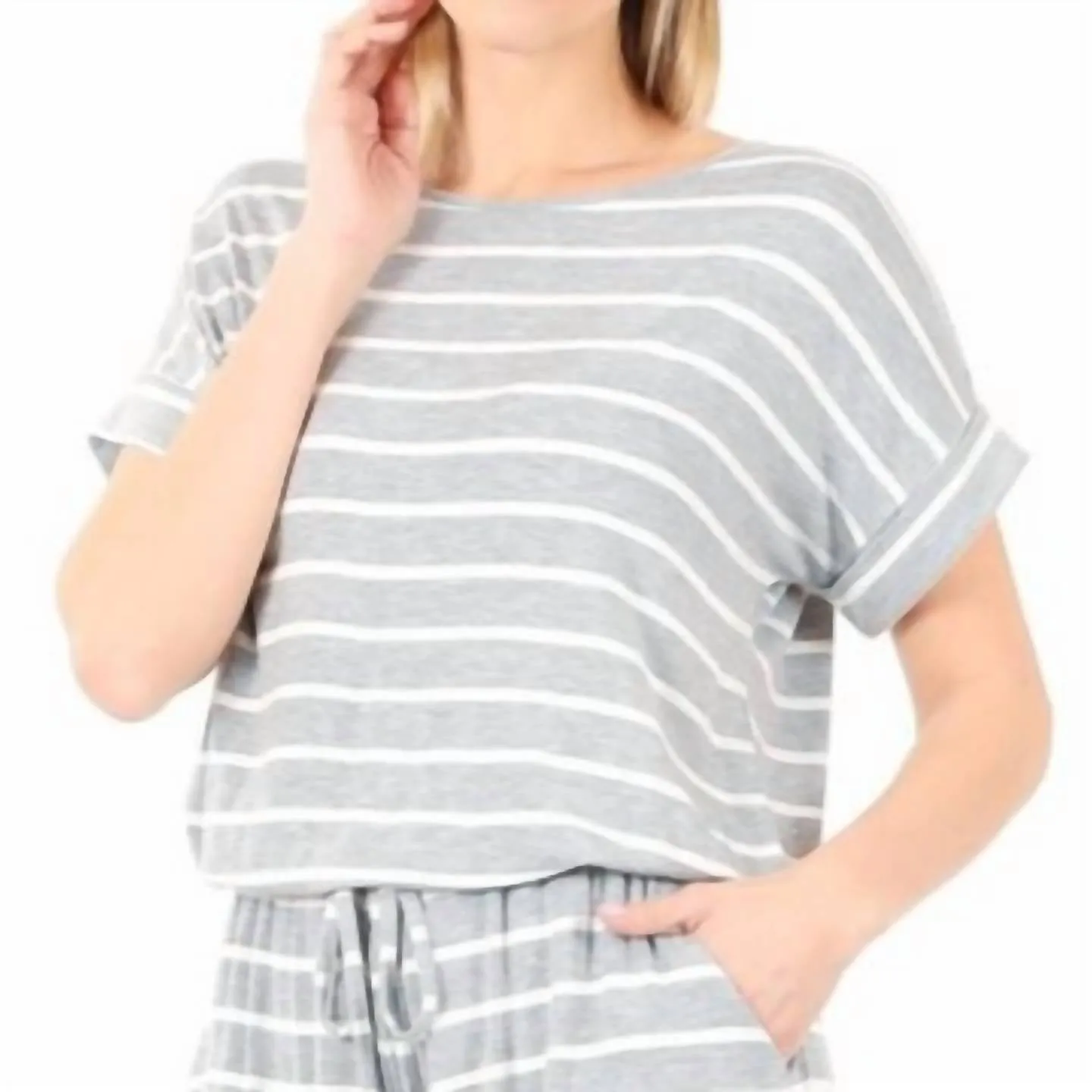 Striped Short Romper In Heather Grey