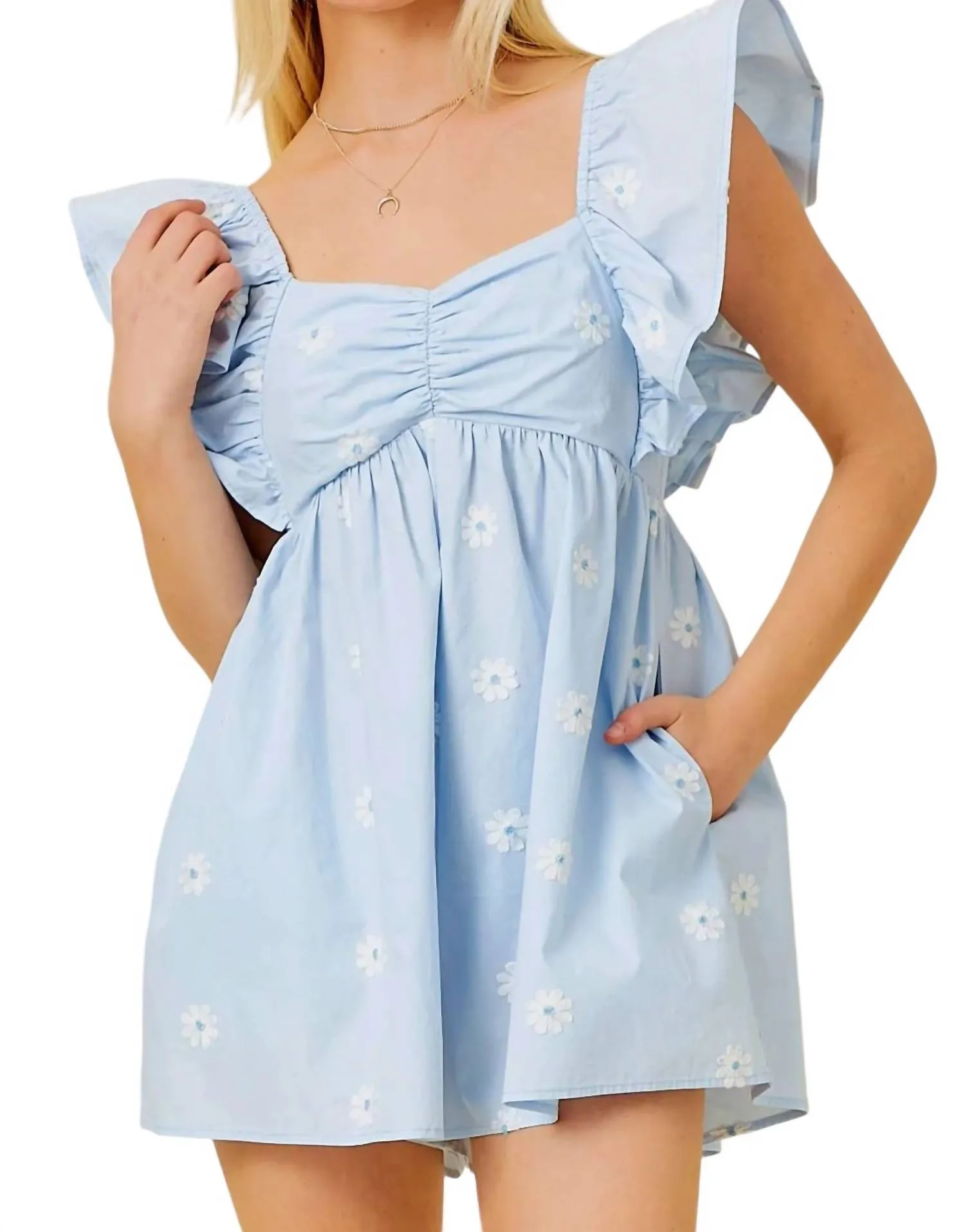 Summer Daisy Babydoll Romper In Light Blue