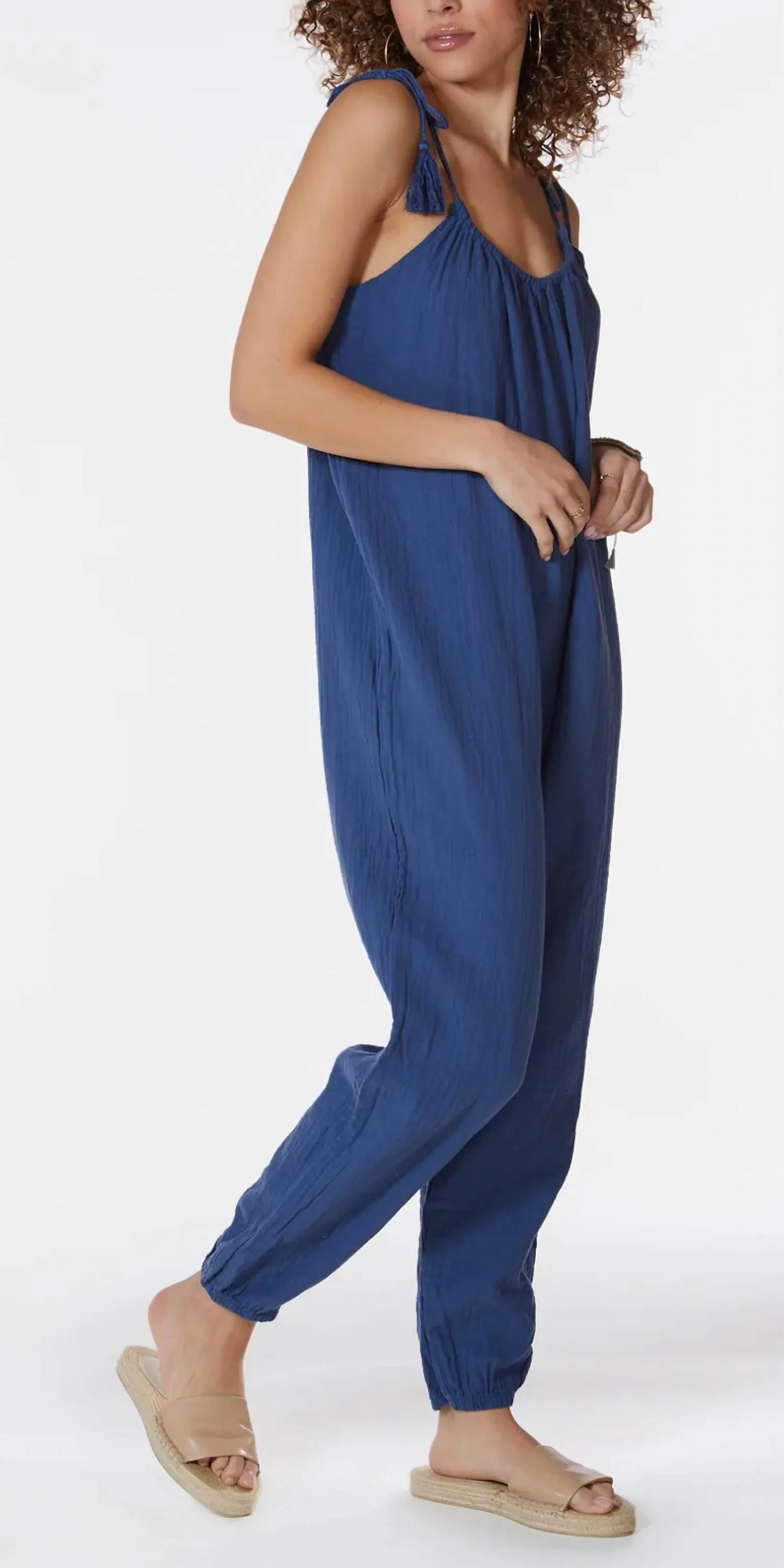 Tassel Tie Shoulder Jumpsuit In Coast Blue