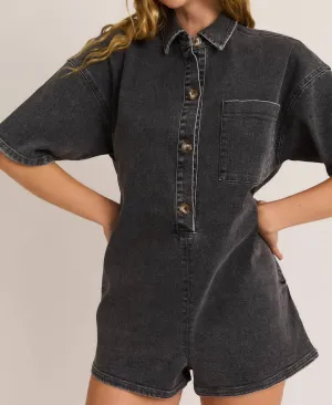 The Comeback Denim Romper In Washed Grey