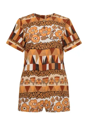 Tilly Romper In Rombus Flowers Brown