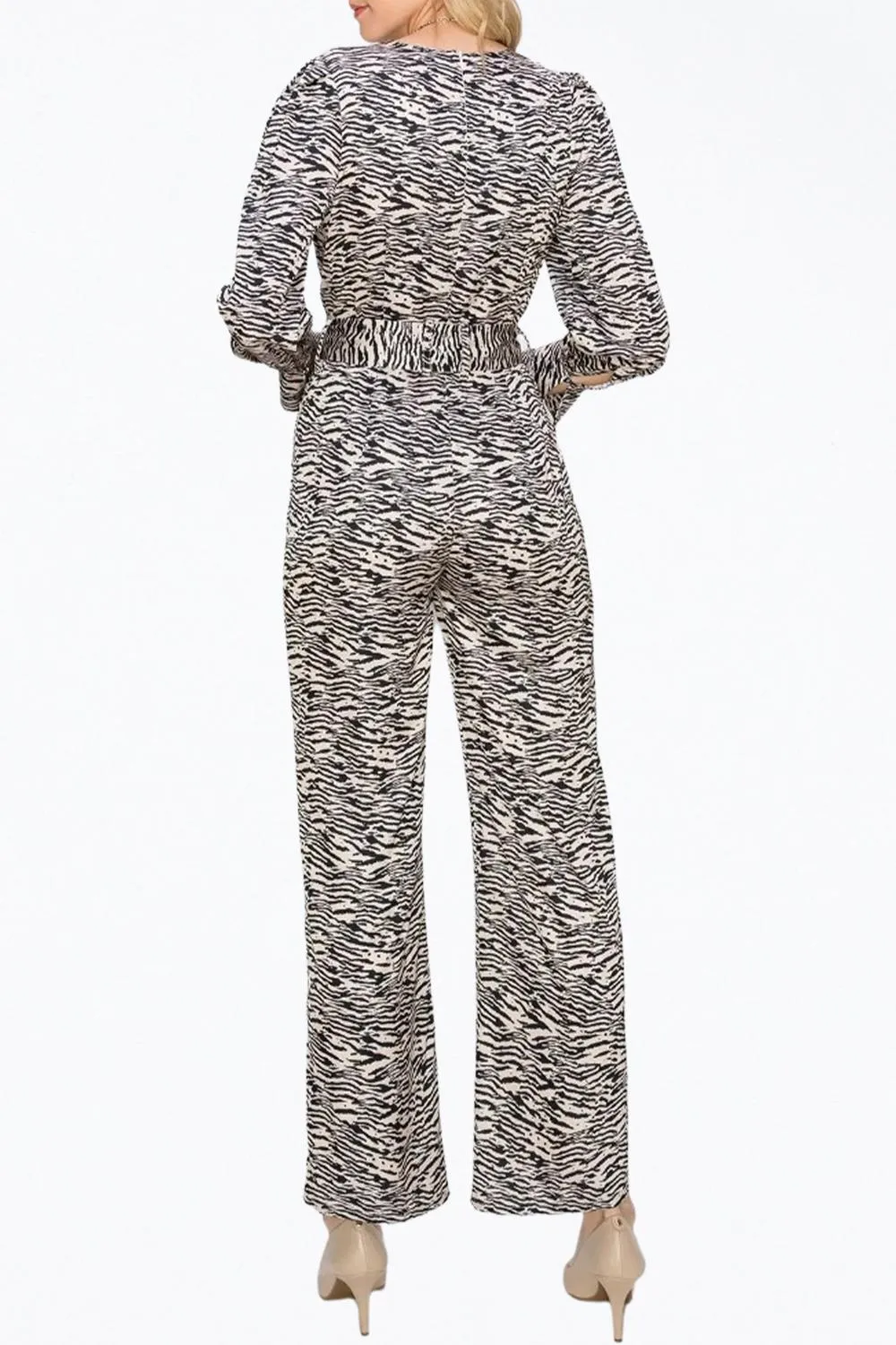Toni Zebra-Print Belted Wrap-Effect Sateen Jumpsuit In Tan/black