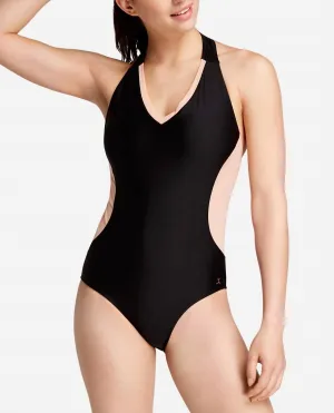 V-Neck Racerback Mesh Leotard One Piece Swimsuit In Rich Black