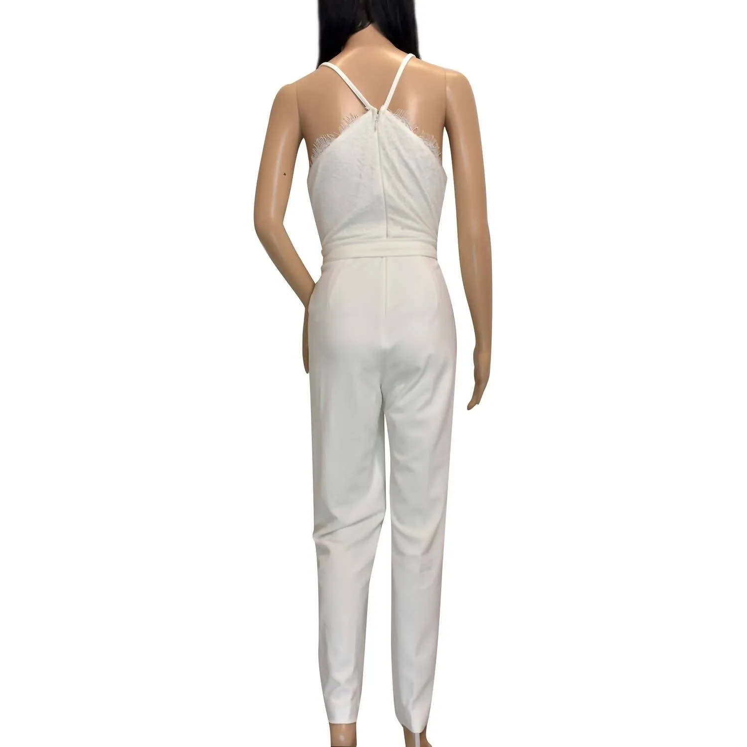 Women Back Lace Belted V-Neck Jumpsuit In White