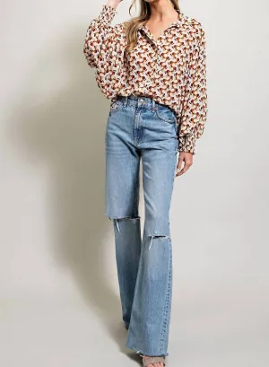 Women's Geometric Printed Button Down Bubble Sleeve Top In Terracotta