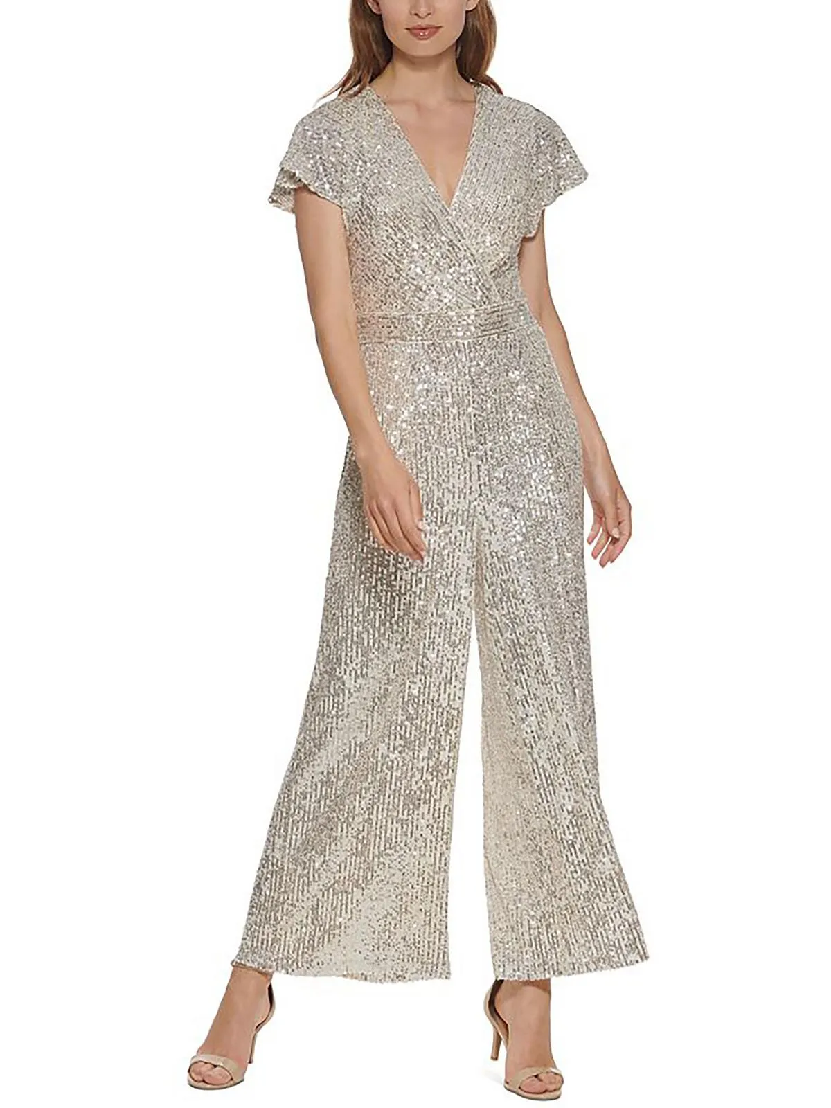 Womens Sequined Surplice Jumpsuit