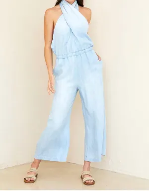 Wrap Neck Halter Jumpsuit In Riviera Wash